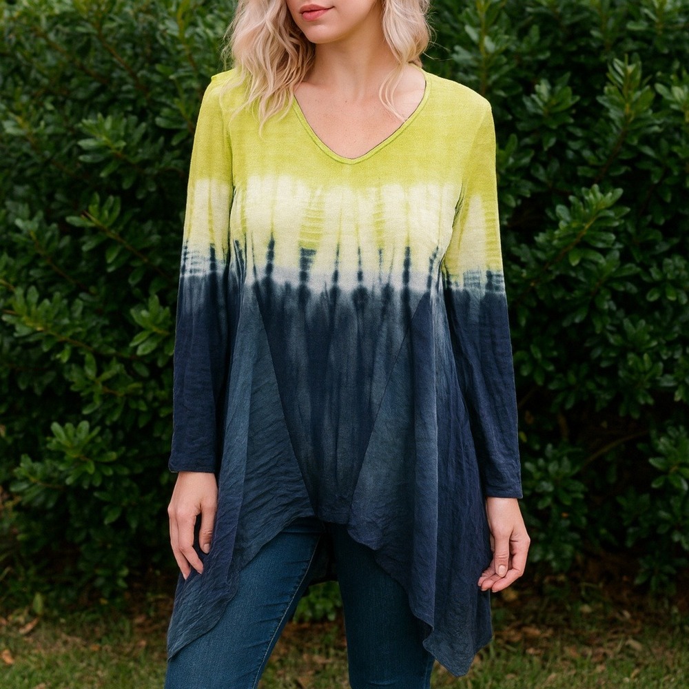 Citron Santa Monica Tie Dye Tunic Top Womens Small Green Blue Handkerchief Hem